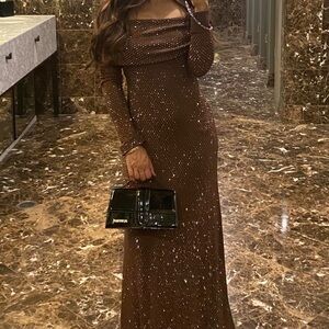 Elegant Brown Evening Gown Women Off Shoulder Bodycon Maxi Long Dress